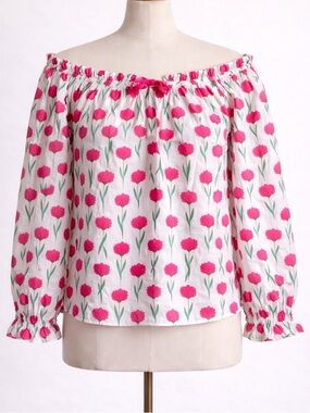 J. Crew White Off-Shoulder Top with Pink Floral Print